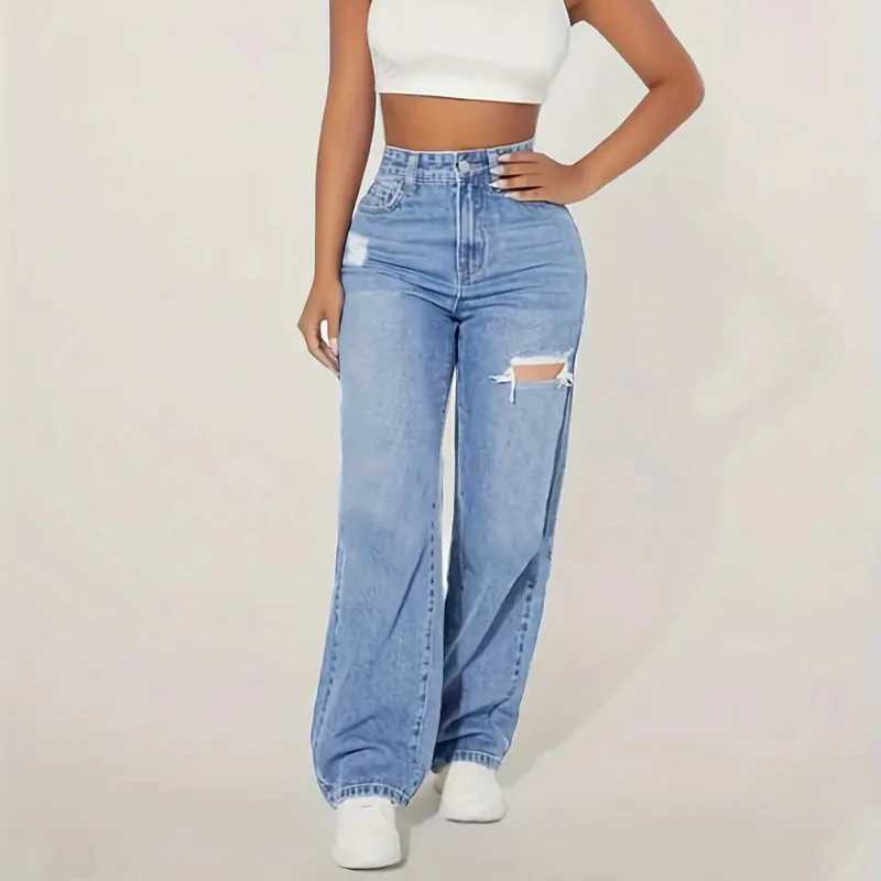 New Y2K Washed Blue Straight Loose Fit High Waist Hole Trousers 2025 Pants Womens Jeans Fashion Personality To Do Old Denim J251031