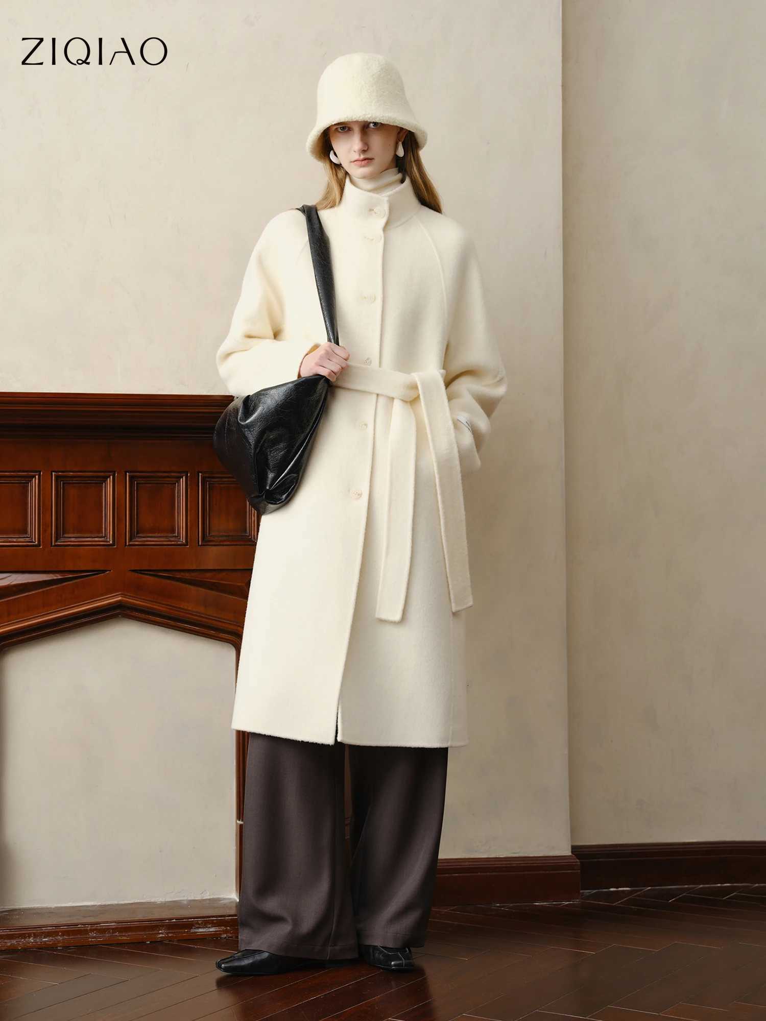 ZIQIAO White Yak Wool Coat Women 2025 Winter New Woolen Coat Sashes Solid Simple Clean Fit Ins Temperament Commuting CasualT251101