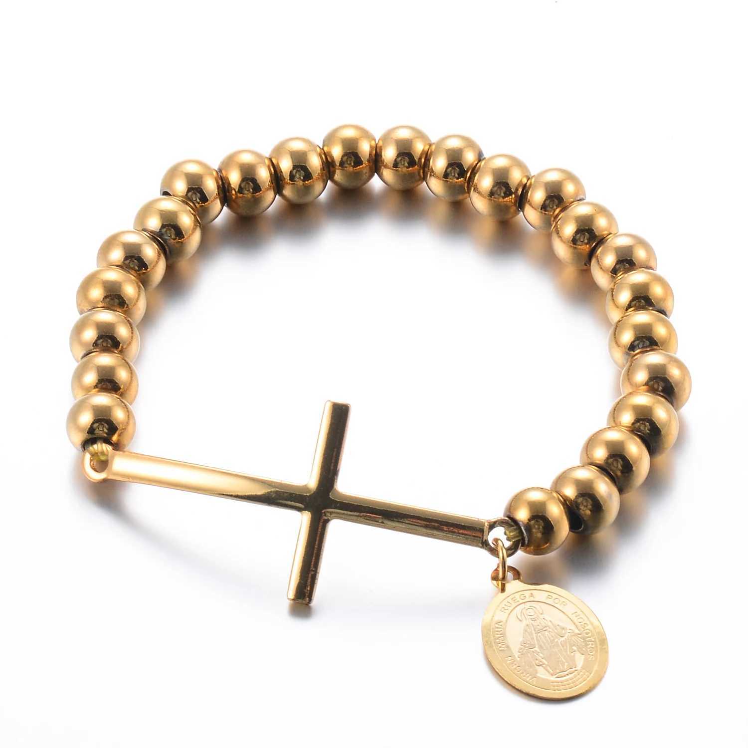 Stainless steel Jesus religious cross pendant bead chain bracelet mens and womens gold and silver Y250329