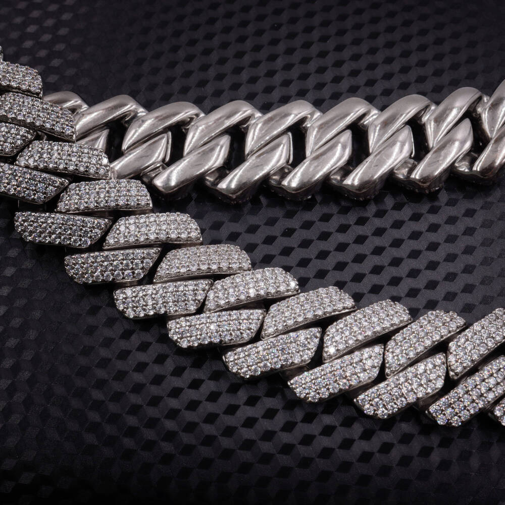 Threerow Stone Cuban Chain Moissanite Ice Crystal Hiphop Silver Necklace Cuban Chain High Jewelry Mens 16mm 18mm 20mm