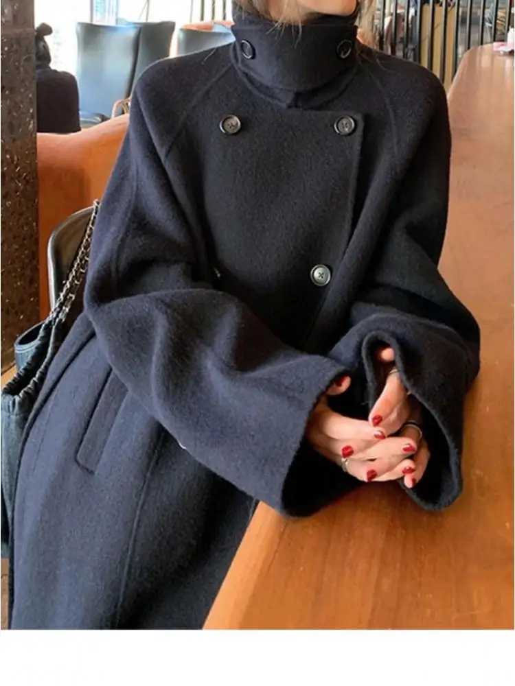 Double Breasted Office Lady Cashmere Woolen Jackets 2025 Autumn And Winter Stand Collar Loose LaceUp Womens Long Wool CoatsT251101