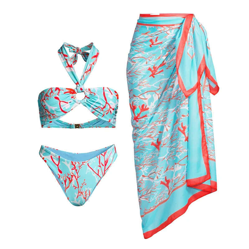 New Bikini Hanging Neck Printed Split Swimsuit Set for Women