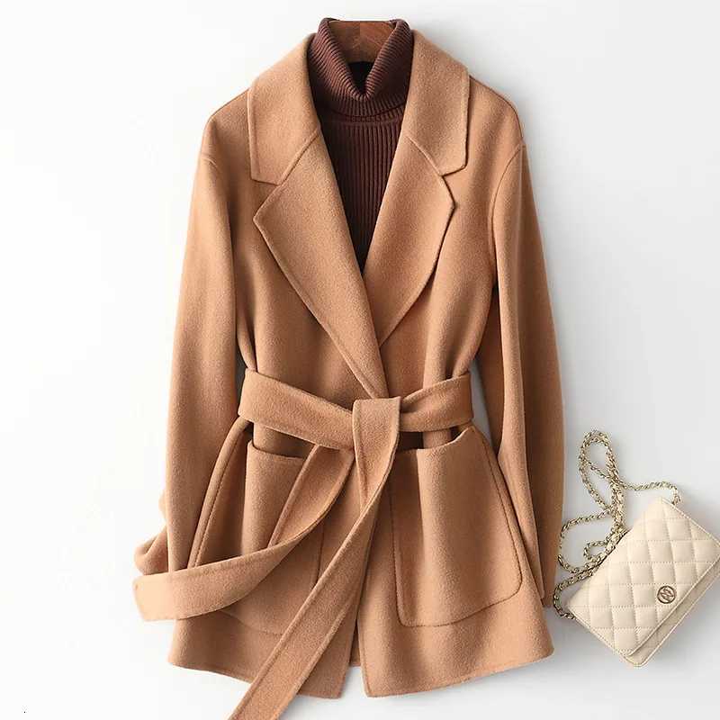 2021 Autumn Korean Double Sided Black Short 100 Wool Coat Womens Loose Lacing Belt Red Woolen OvercoatT251101