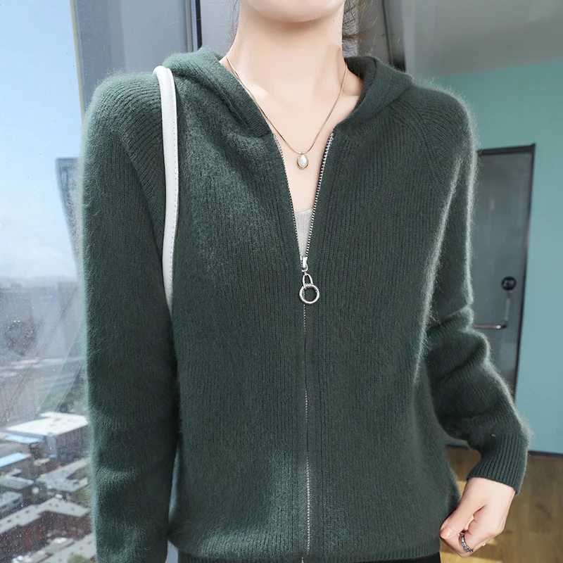 100 Pure Mink Cashmere Zipper Cardigan Womens Hooded Neck Knit Coat Hoodie Casual Loose Jacket Winter Long Sleeve Thicken TopsT251101
