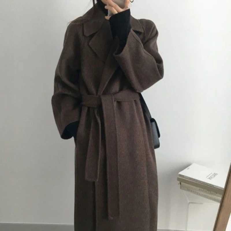 Autumn Winter Women Basic Lapel Solid Belt Woolen Coat Female Casual Commut Outwear Loose Midi Length Jacket OvercoatT251101