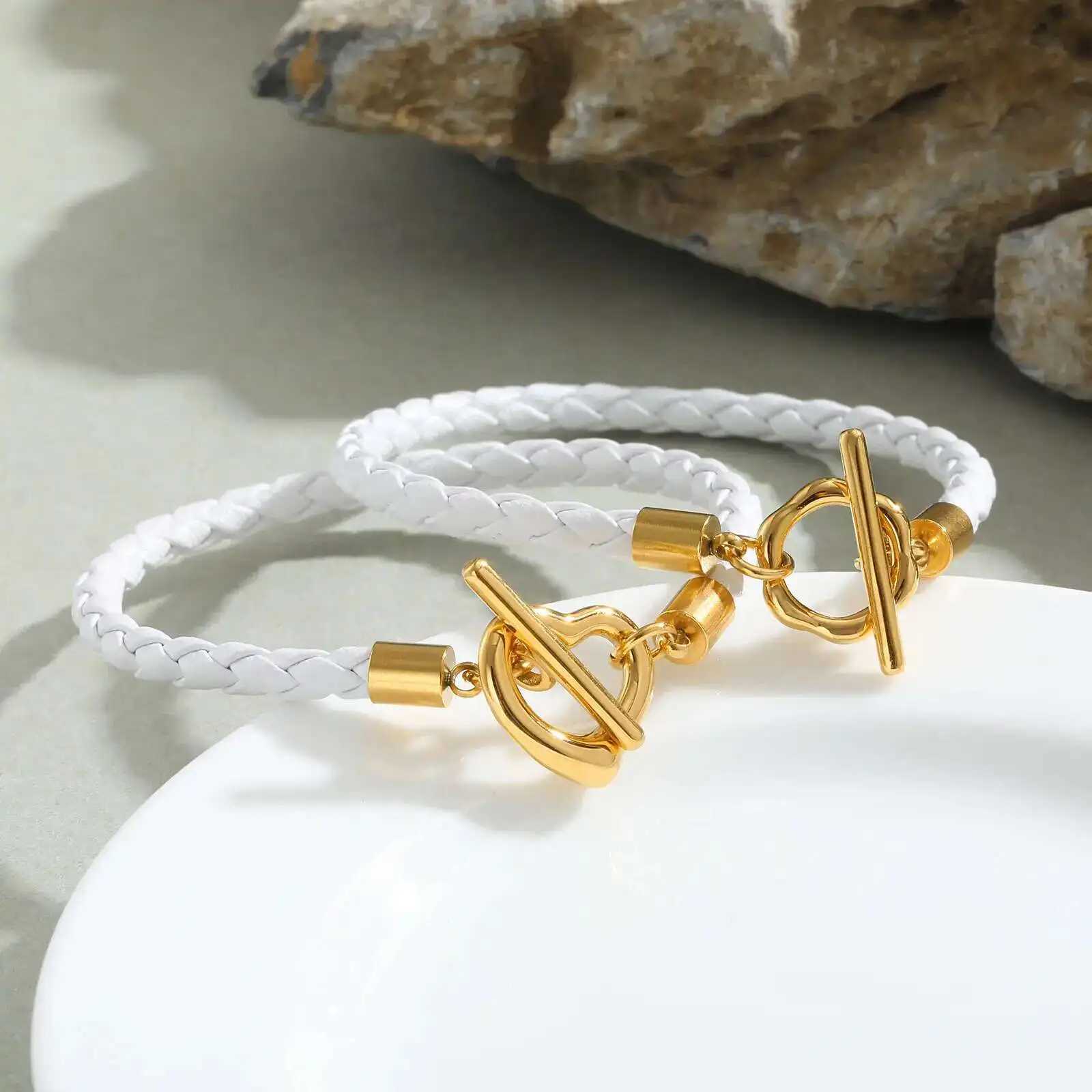 Prjewel Fashion Knitted Leather Bracelet White Rope Stainless Steel Gold OT Lock Bracelet Womens Jewelry Mothers Day Gift Y250329