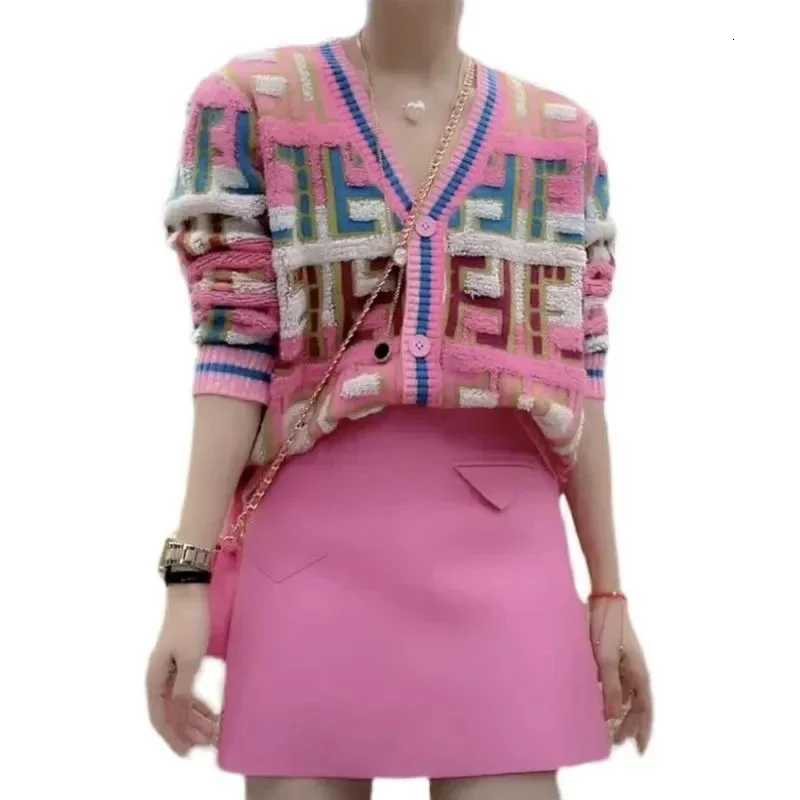 Womens Clothing Colorblocked Plaid Cardigan Sweater for Women Autumn Winter Casual Loose Thickened Pink Knitted Jacket TopT251101