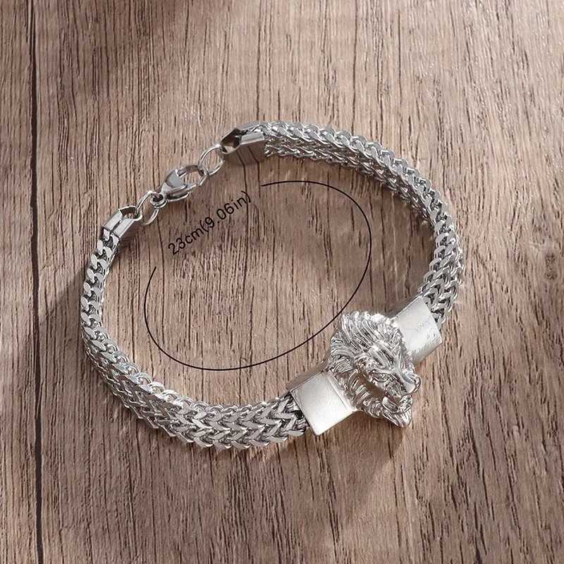 Domineering Lion Head Animal Bracelet Mens Stainless Steel Braided Chain Bracelet Hip Hop Jewelry Y250329