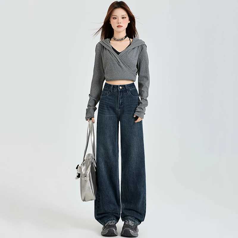 Casual Ladies Jeans Relaxed Fit Vintage Style High Waist Wide Leg Trousers Heavyweight Draping Straight Long Pants Autumn Winter J251031
