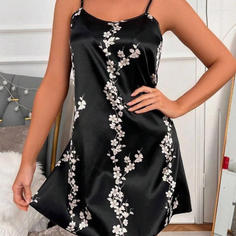 Women's Sleepwear S Women Sexy Sling Nightgown Lingerie Silk Satin Floral Pinting Nightdress Homewear Mini Dress