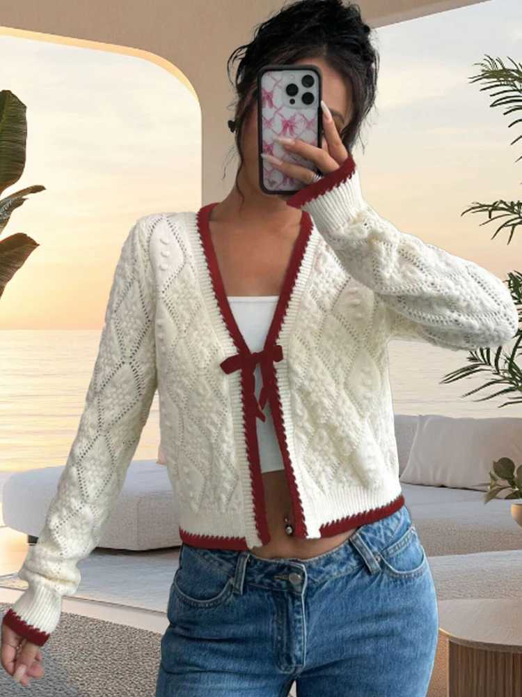 New Fashion Bow Tie Cardigan Sweater VNeck LongSleeved Knitwear Jacket Elegant Casual Womens Jacket Soft Beige Warm Loose TopT251101