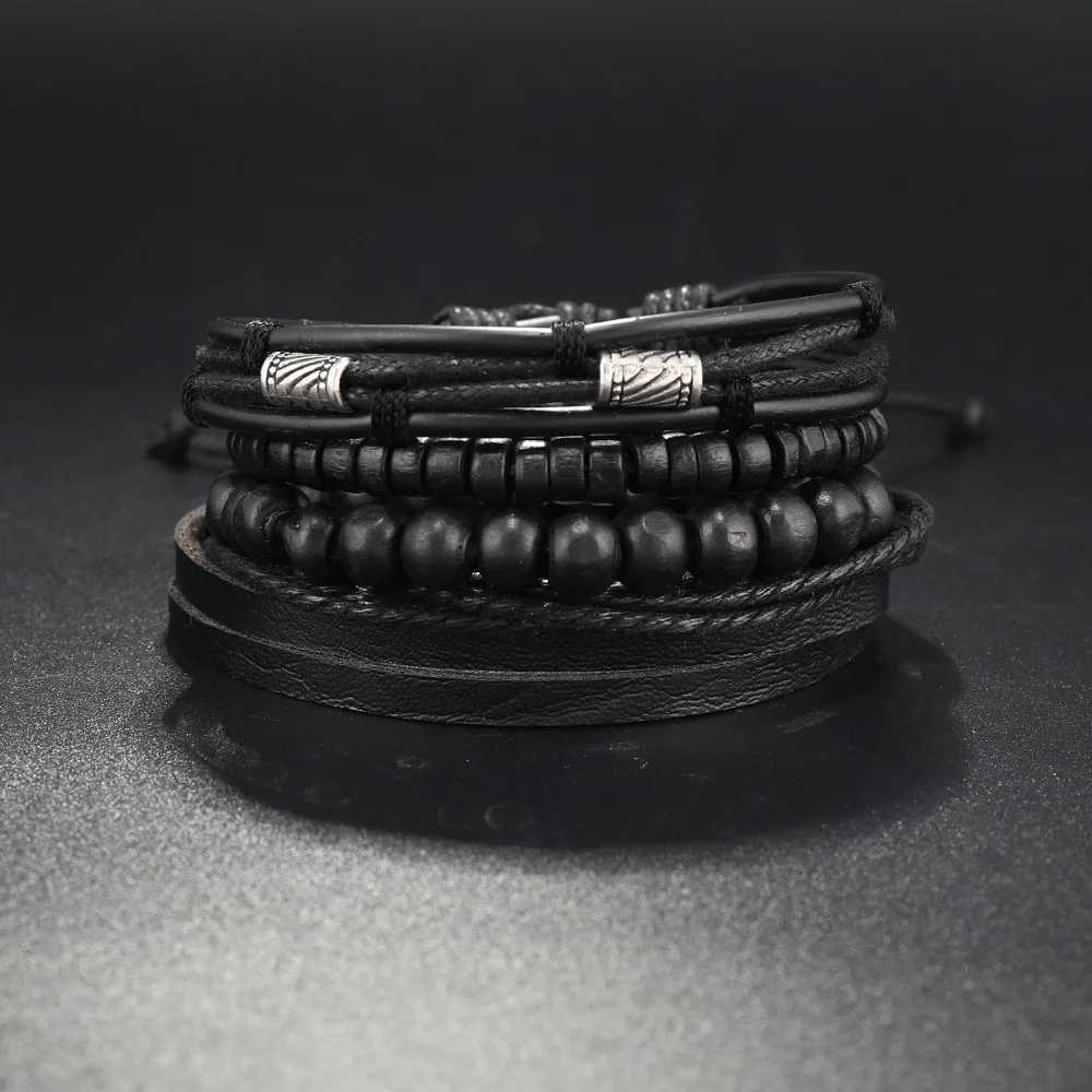 Leather Bracelet Mens Hand Woven Beaded Leather Bracelet Multi Layer Set with Adjustable Bracelet Charm Bracelet Mens Accessories Y250329