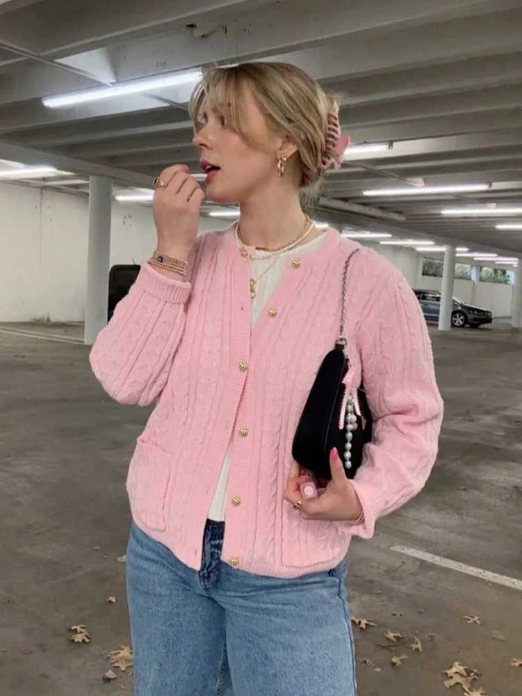 Versatile RoundNeck LongSleeved Elegant Cardigan Fashionable LooseFit ButtonFront Knitted Sweater Jacket for WomenT251101