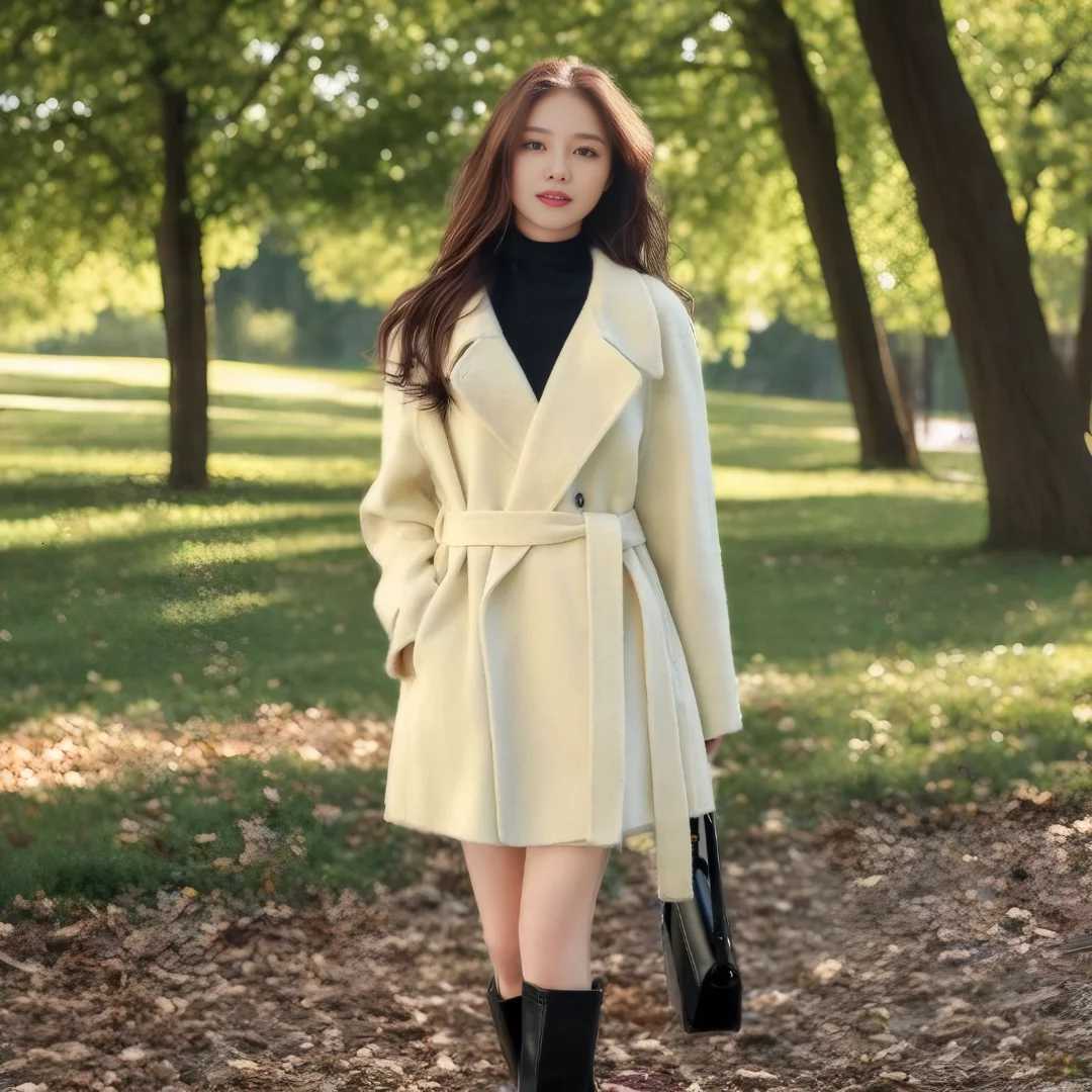 Stand Collar Laceup Coat 2024 New Autumn and Winter Highend Advanced Korean Style Woolen Coat Feminine for WomenT251101
