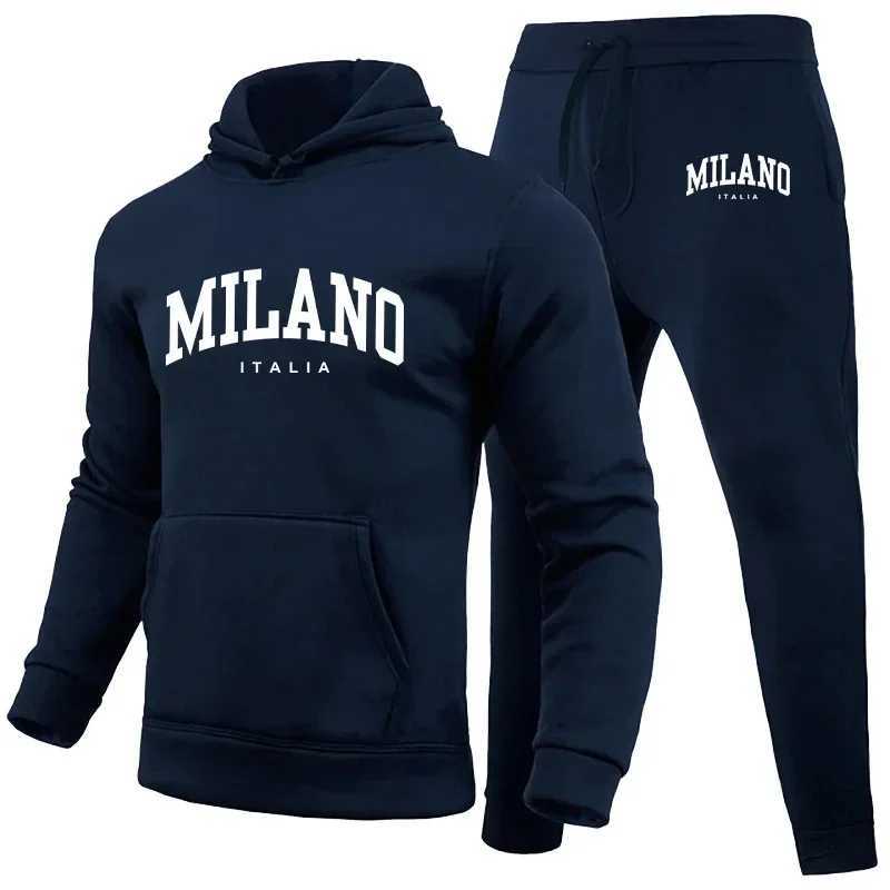 Mens Luxury Hoodie Set Milano Print Sweatshirt Sweatpant for Male Hooded Tops Jogging Trousers Suit Casual Streetwear TracksuitT251101