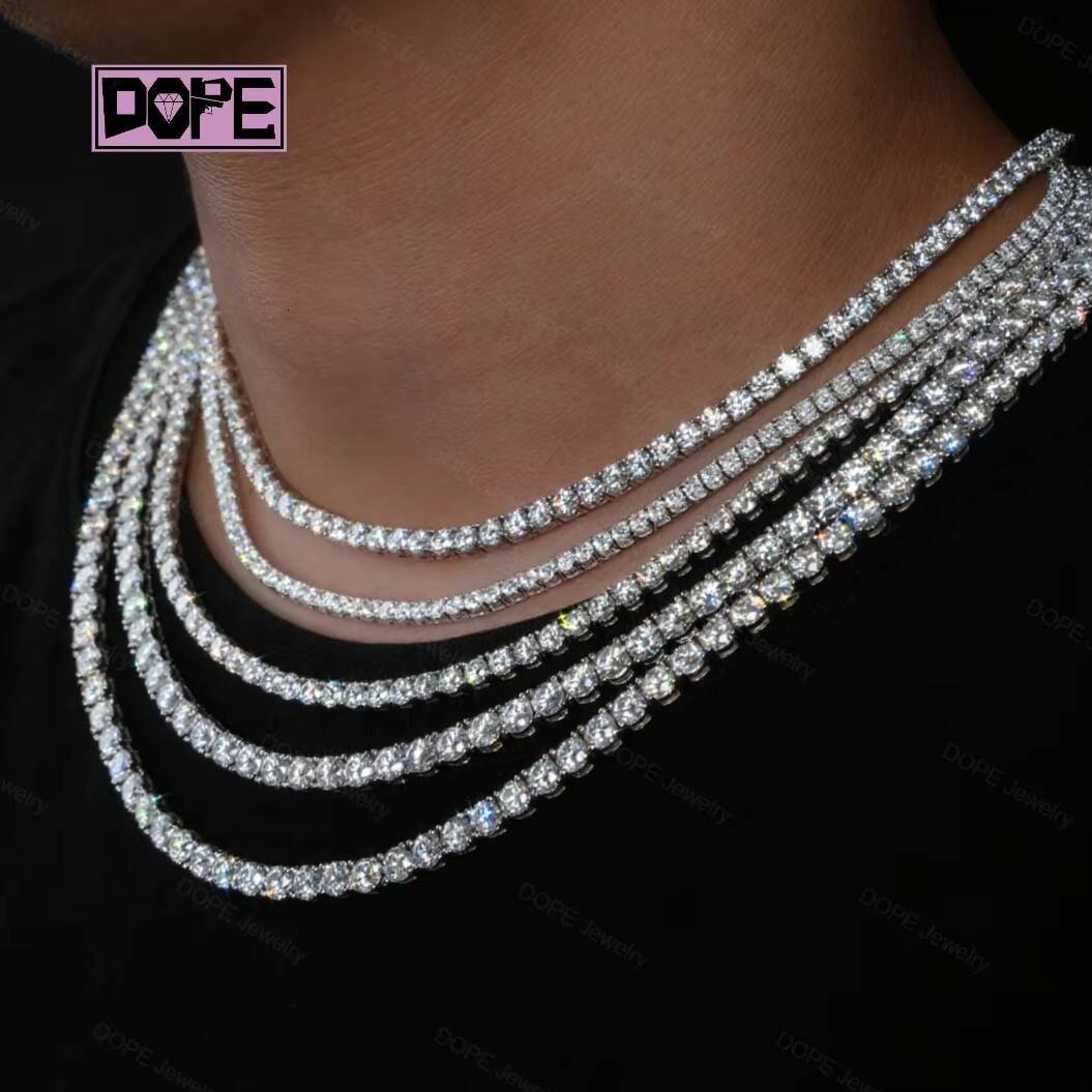 Wholesale 2mm 3mm 4mm Moissanite Chain Iced Out Necklace 925 Silver Jewelry D VVS1 Diamond Moissanite Tennis Chain