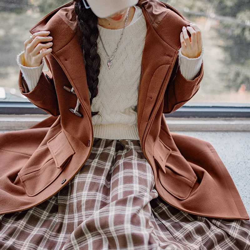 Maden Vintage College Style Horn Button Woolenlike Coat Midlength Loose Fit Commuter Hooded Thick Winter Jacket for WomenT251101