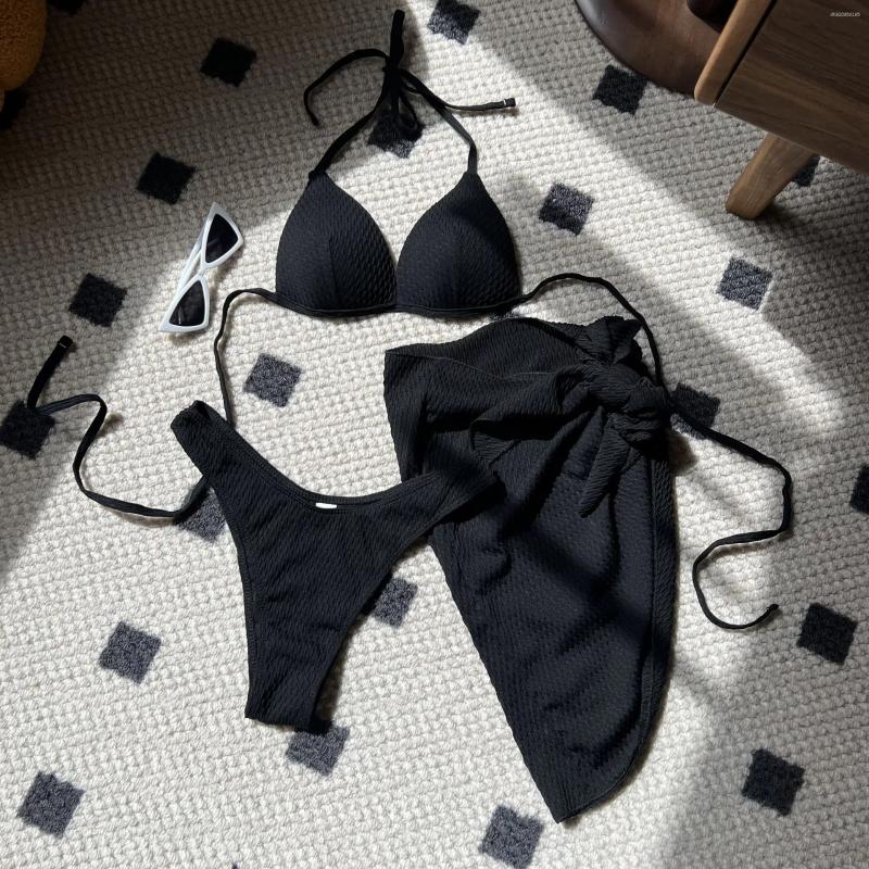 Women's Swimwear Women Solid Push Up Halter Bikini Sets Three Pieces With Cover Skirt Swimsuit Bathing Suit Beach Outfits Biquini Tankini