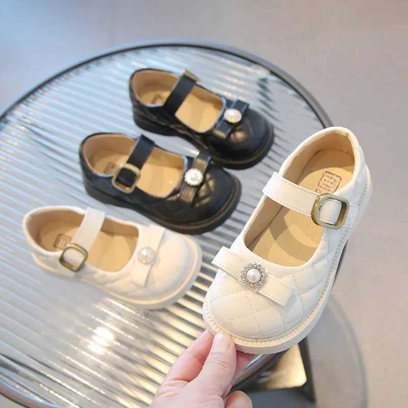 New Fashion Chic Shoes for Girls Mary Janes Rhombic Grid Leather Shoes Childrens Loafers Kids Flats Pearl Bowknot Student ShoesT251101