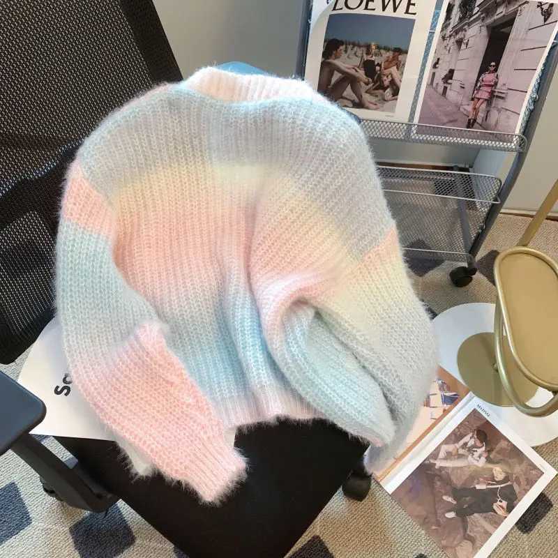 Cute New Korean Chic Spring Fall Women Rainbow Cardigan V Neck Pink Blue Purple Pastel Sweater Butterfly Soft Knitted OuterwearT251101