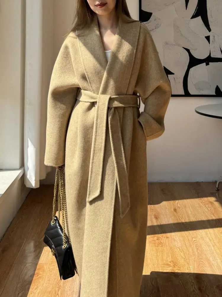 Office Lady Woolen Jackets 2025 Autumn And Winter Shoal Collar Bathrobe Style LaceUp Loose Womens Long 100 Wool CoatsT251101