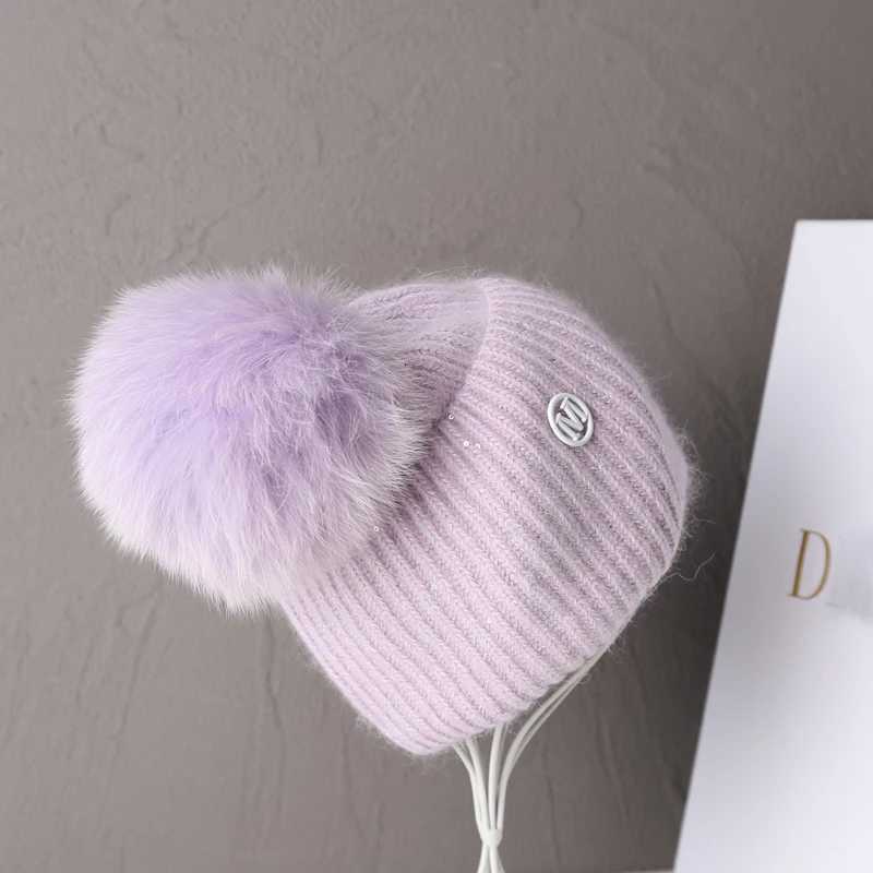 New In Hat Real Fur Pom Poms Hat Women Outdoor Warm Skullies Beanie Winter Hat for Women Rabbit Knitted Thick CAP ChristmasXJ251101