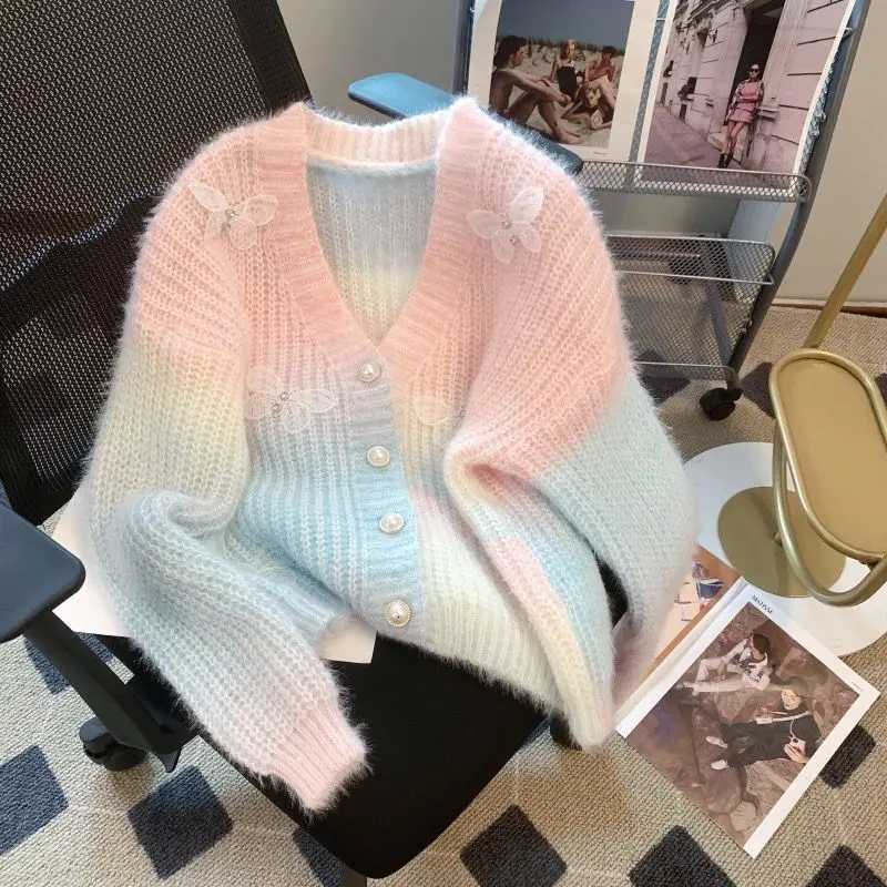 Cute New Korean Chic Spring Fall Women Rainbow Cardigan V Neck Pink Blue Purple Pastel Sweater Butterfly Soft Knitted OuterwearT251101