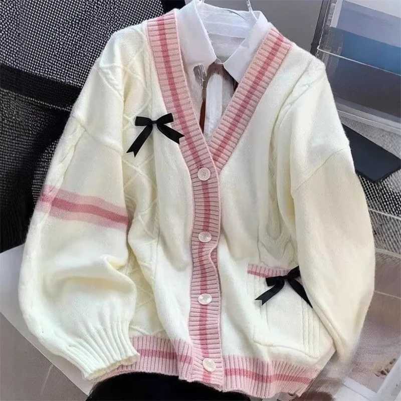 Casual Sweet Bow Cardigan Woman Autumn Winter Japanese Classic Preppy Style Knitted Coats Y2K Vintage Contrast Color VNeck TopsT251101