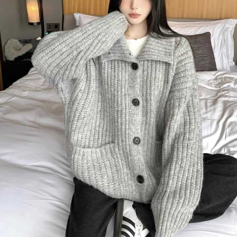 Loose Lazy Sweater Women Twist Fashion Knit Autumn Winter Warm Cardigan Harajuku Stand Collar Gray Vintage Female JumpersT251101