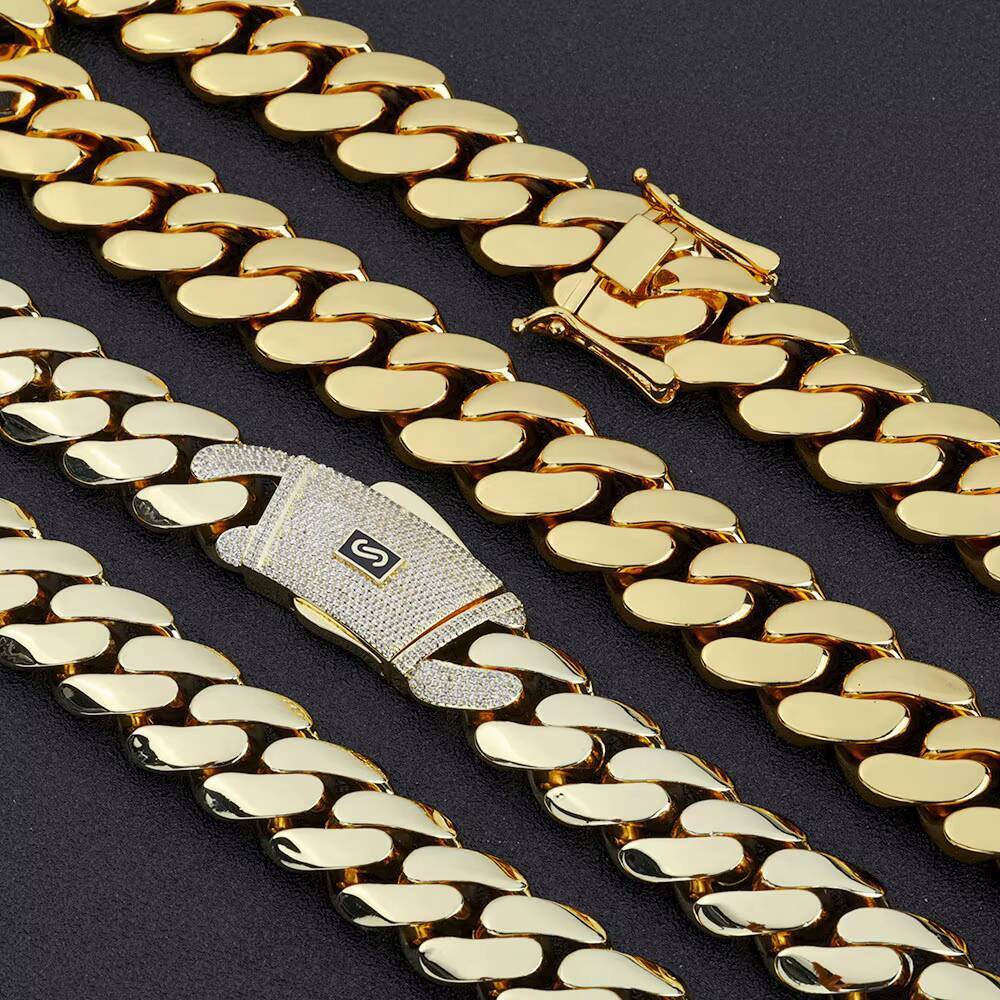 NUOYA 620mm Iced Diamond Clasp Flat Miami Cuban Link Chain 14K18k Gold Plated Thick Solid Cuban Link Chain Hip Hop Jewelry Men