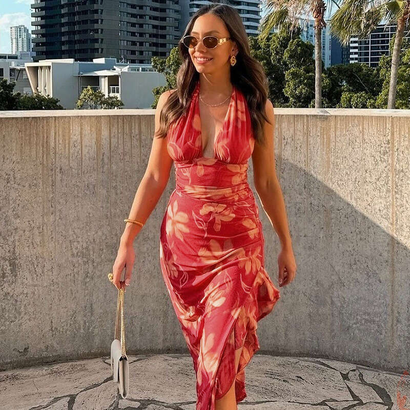 Amazon Cross-Border New Women's Fashion Sexy Deep V Chest Wrap Patchwork Waist-Exposing Long Ruffled Halter Dress For Women a0f7 - view 3