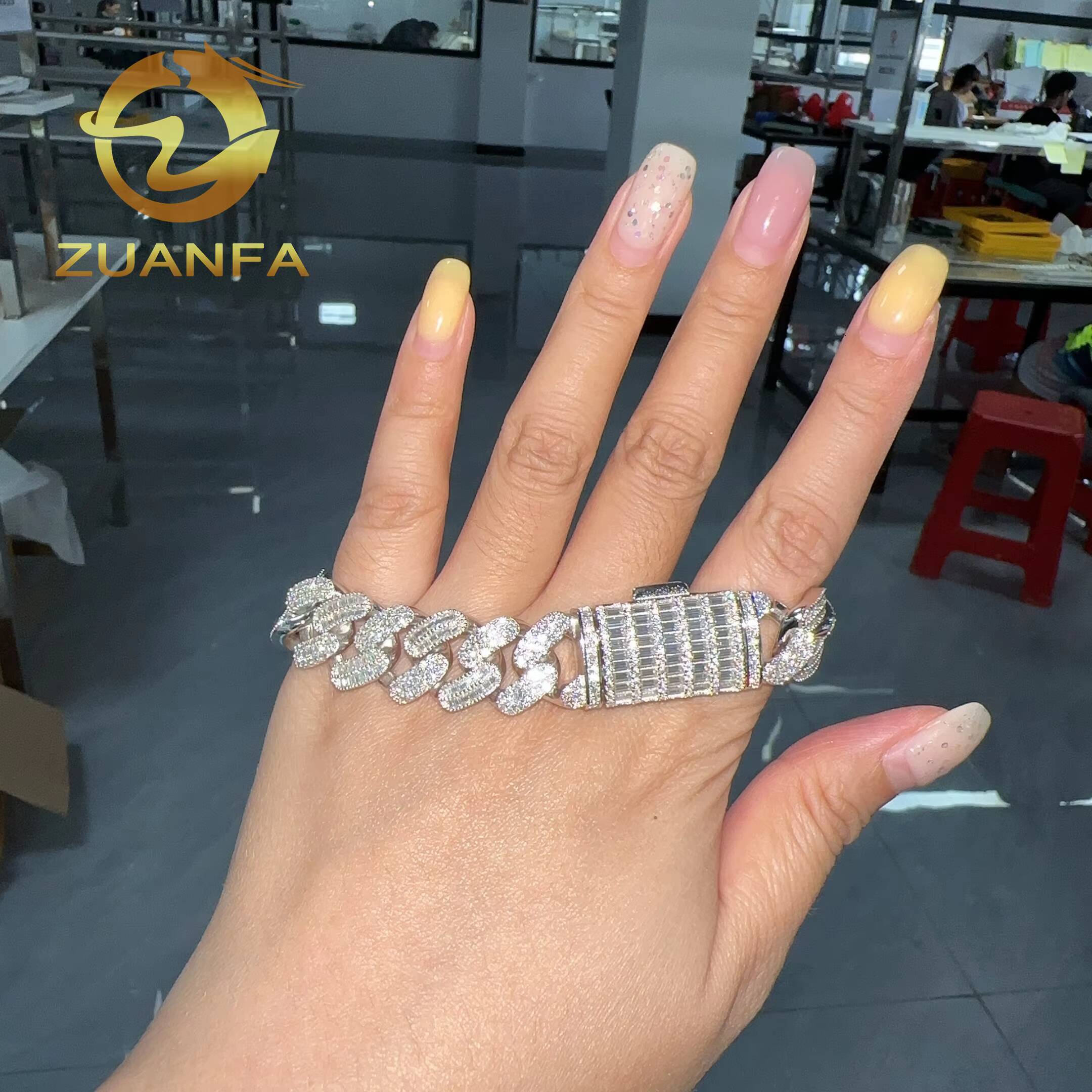 925 Silver 15mm Moissanite Cuban Link Bracelet Hip Hop Jewelry Round and Baguette Cut Iced Out Men Moissanite Bracelet