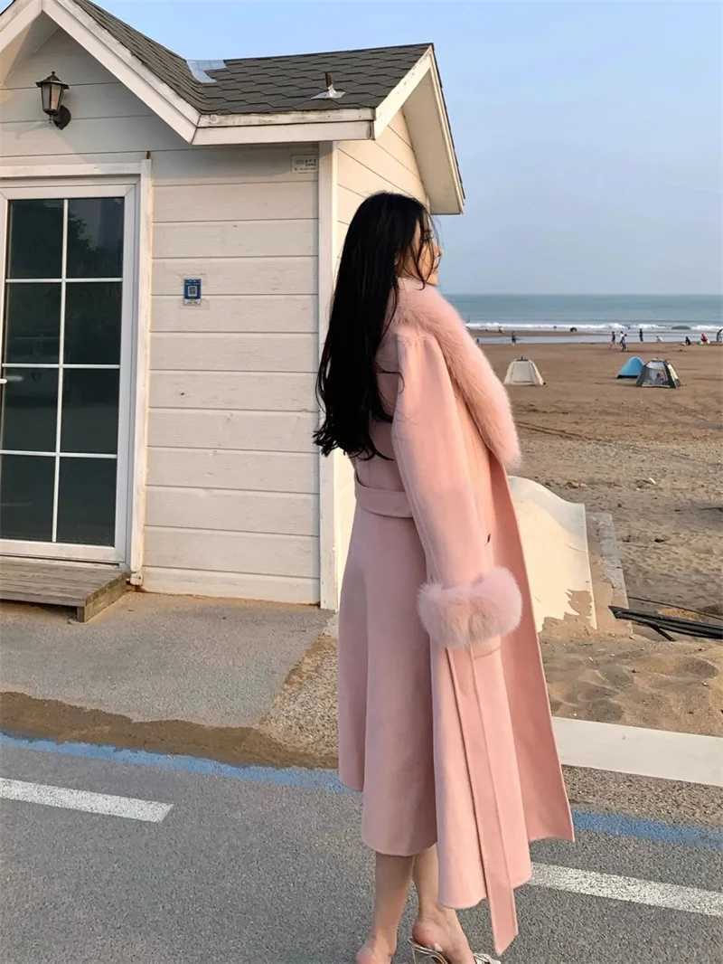 2025 Fox Fur Wool Overcoat Womens Long Coat Office Lady Elegant Doublesided Woolen Coat 2025 New Cardigan Jackets LooseT251101