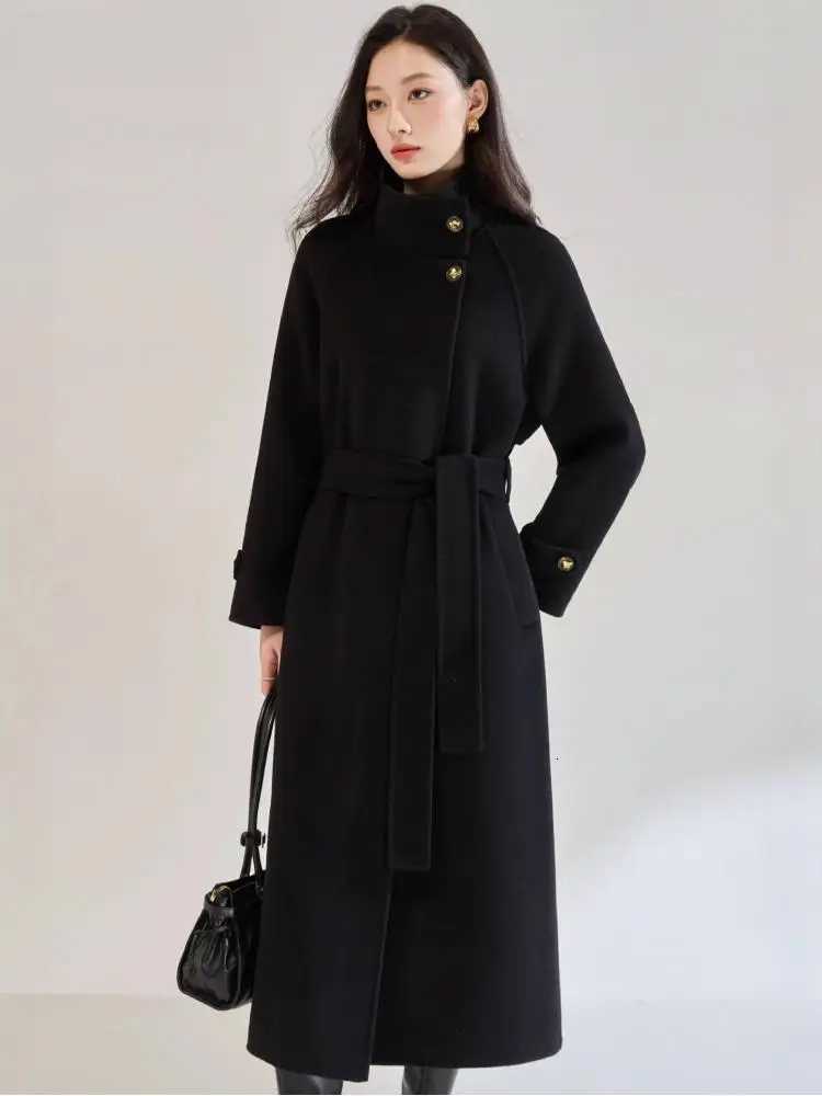 Office Lady Elegant Fashion Woolen Jackets 2025 Autumn And Winter Stand Collar LaceUp Loose Womens 100 Wool Long CoatsT251101