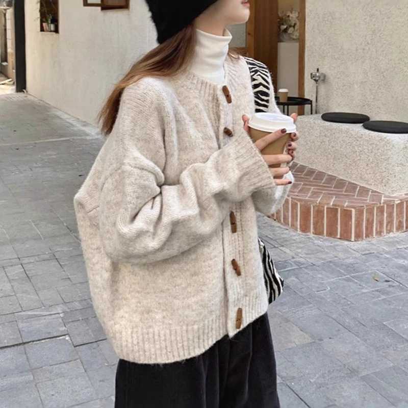 Retro Horn Button Sweater Cardigans Women Korean Round Neck Long Sleeve Knit Cardigan Woman 2025 Solid Color Warm Jumpers FemaleT251101