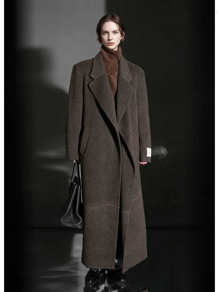 Office Lady OneButton Camel Hair Woolen Long Jackets 2025 Autumn And Winter Suit Collar Simple Loose XLong Womens Wool CoatsT251101