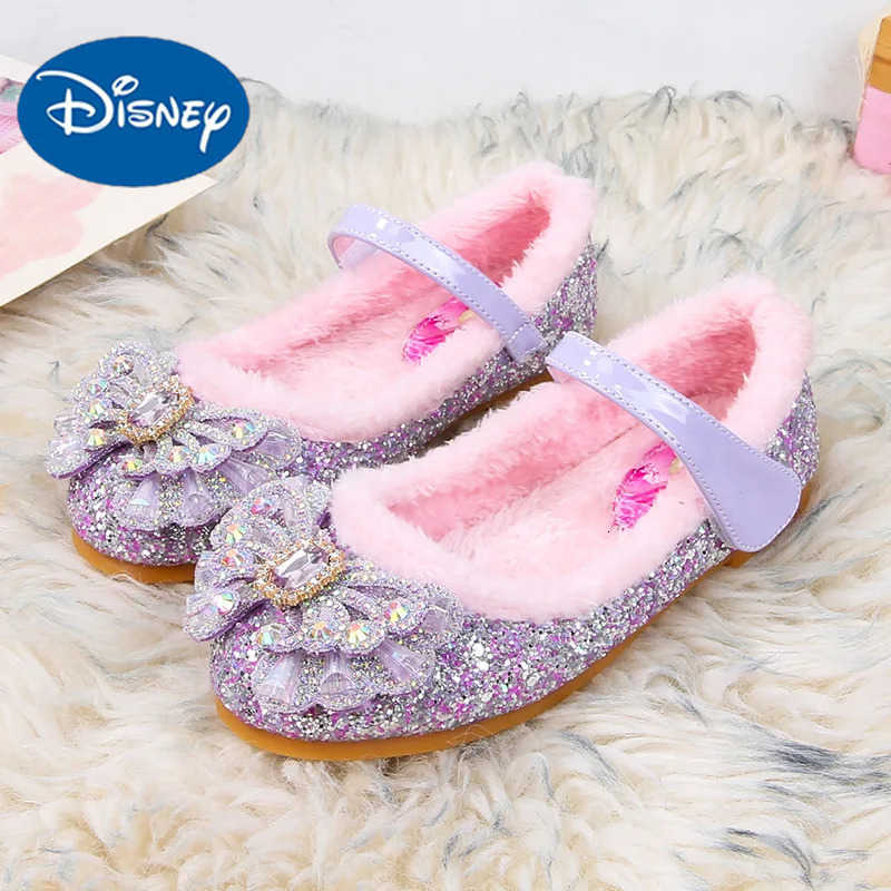 Disney Autumn Fashion Pearl Bow Rhinestone Frozen Elsa Princess Girl Shoes Flat Kids Princess Warm Winter Shoes Size 2336 H251101