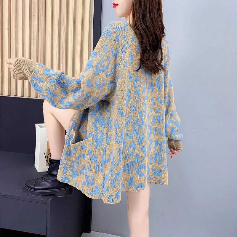 Vneck Printed Cardigan Loose Fashion Womens Sweater Coat Korean long Sleeve Pocket Knitted Autumn Winter New Casual ClothesT251101