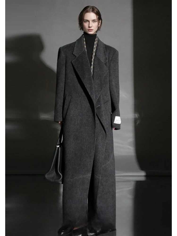 Office Lady OneButton Camel Hair Woolen Long Jackets 2025 Autumn And Winter Suit Collar Simple Loose XLong Womens Wool CoatsT251101