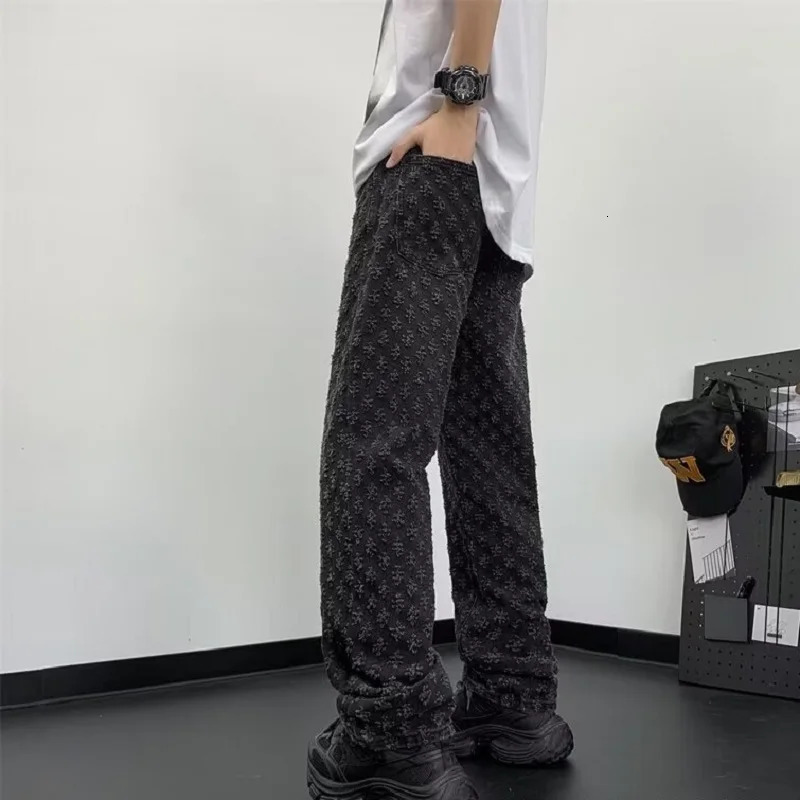 Jacquard All Over High Street Jeans straight up pattern loose wide leg jeans casual boyfriend jeans pants trend 250328