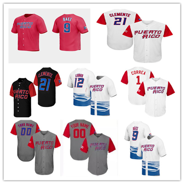 Custom Puerto Rico Baseball Jersey Francisco Lindor Javier Baez Molina Carlos Correa Marcus Stroman Edwin Diaz Marcus Stroman Hernandez Roberto Clemente Cruz 4XL