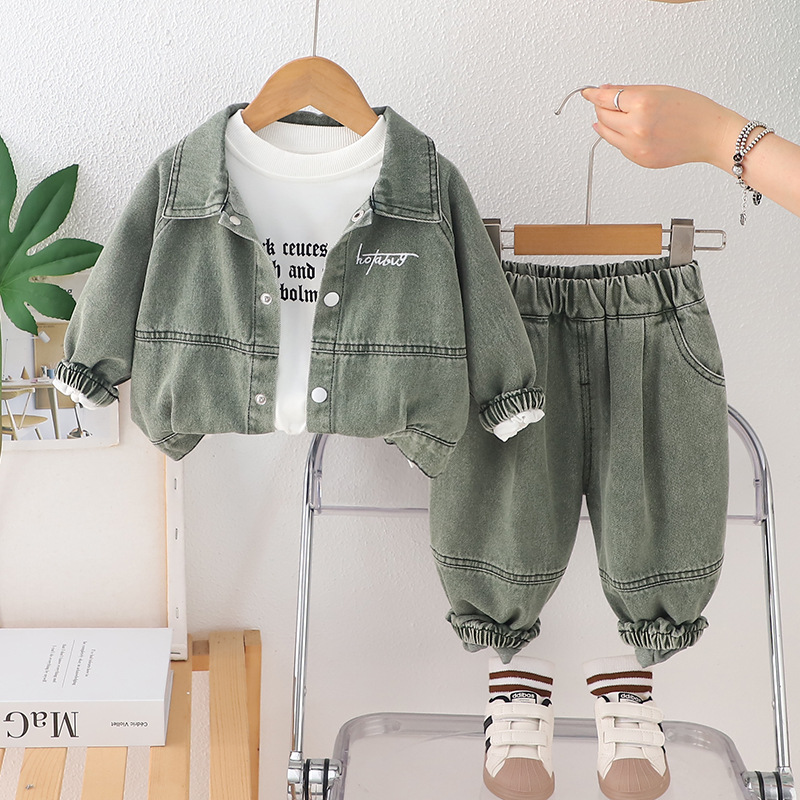 2025 Boys Denim Jacket Set 3-Piece Outfit with Letter Print Trendy Spring Fall Clothes for Kids