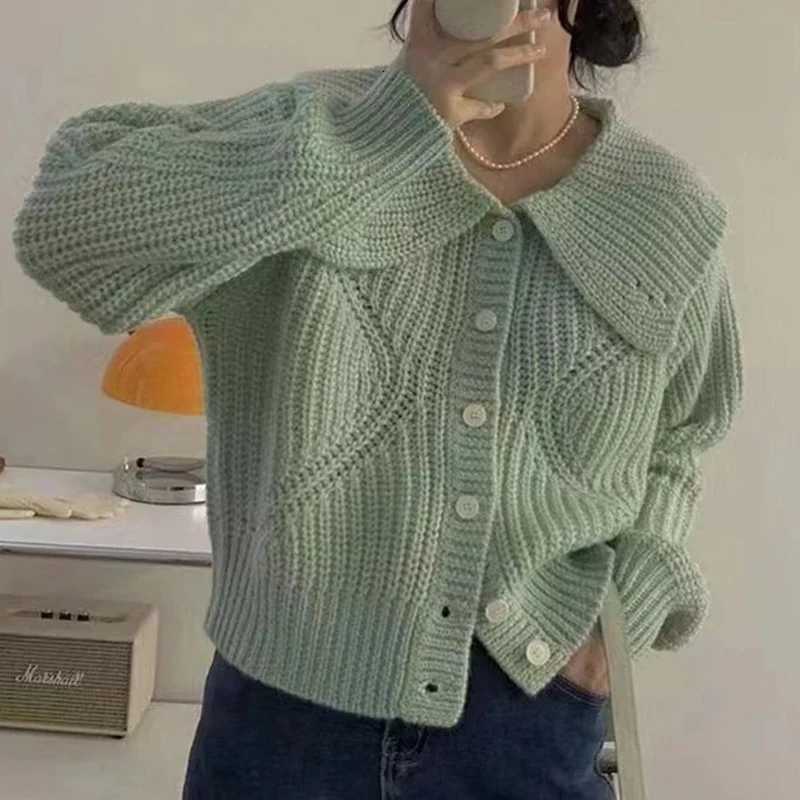 Fashion Doll Collar Knitted Cardigan Women Sweater Autumnwinter Casual Lapel Loose Long Sleeved Jacket Elegant Simple Solid TopT251101