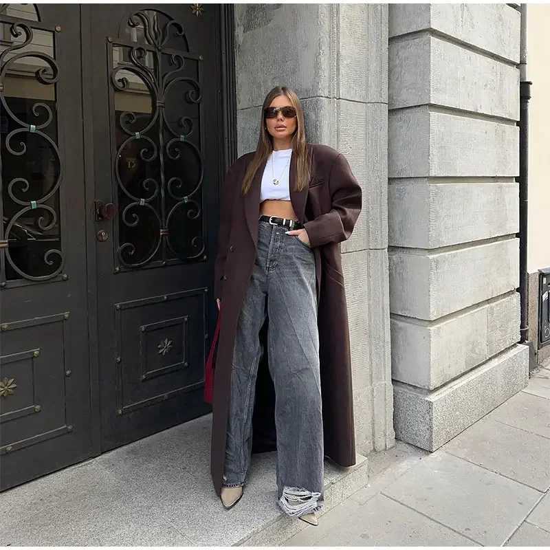 New Women Lapel Woolen Overcoats Elegant Woolen Doublebreasted with Pockets Long Sleeves Casual Coats Lady Street OuterwearT251101