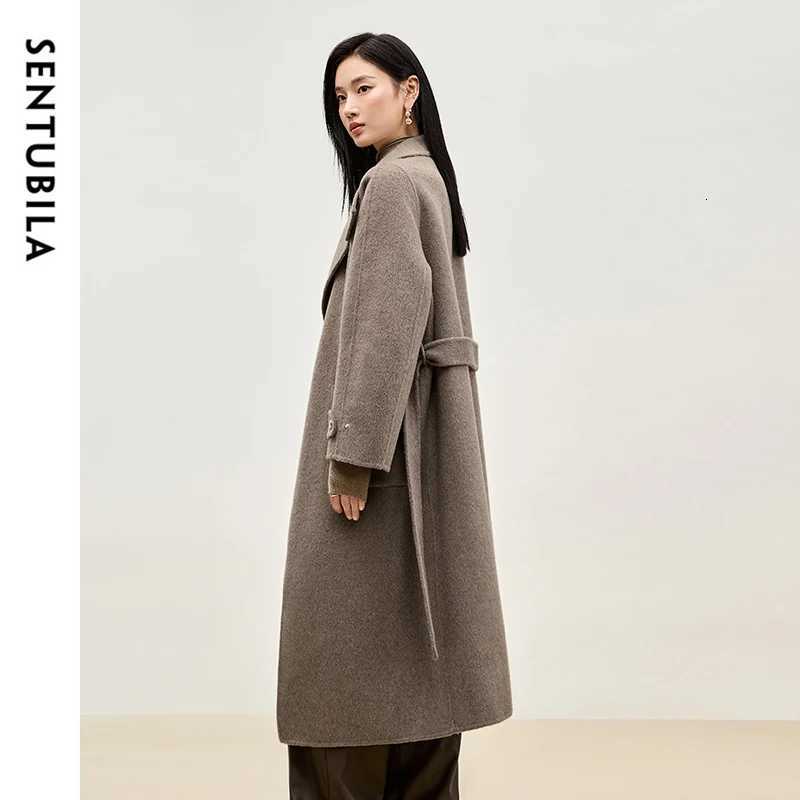 SENTUBILA Women Wool Blend Long Coat Winter Warm Outerwears 2025 Loose Fit Stand Neck Double Sided Belted Overcoat W44O56661T251101