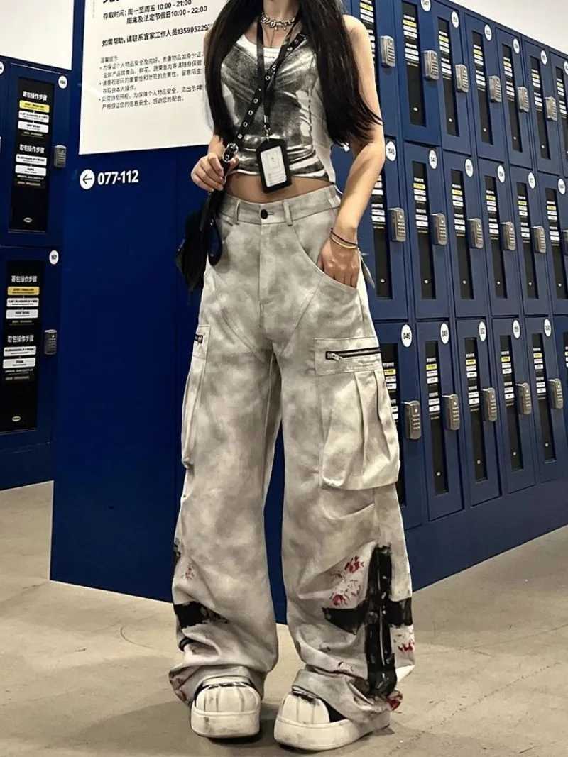 American Street Gothic Graffiti Print Pocket Jeans Women Retro Distressed Loose Fashion Street Casual High Waist Wide Leg Jeans J251031