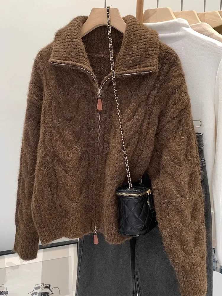 Autumn Winter New Lazy Style Loose Knitted Women Cardigan Retro Solid Double Zipper Turndown Collar Sweater Thicken Loose TopsT251101