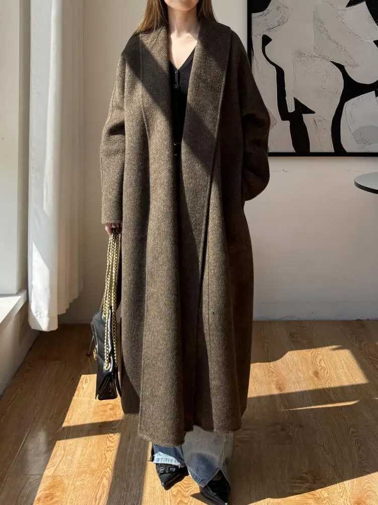 Office Lady Woolen Jackets 2025 Autumn And Winter Shoal Collar Bathrobe Style LaceUp Loose Womens Long 100 Wool CoatsT251101