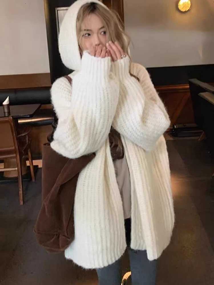 Fashion New Womens Loose Long Sleeve Elegant Cardigan Sweater Hooded Lantern Sleeve Solid Color Knitted Casual TopT251101