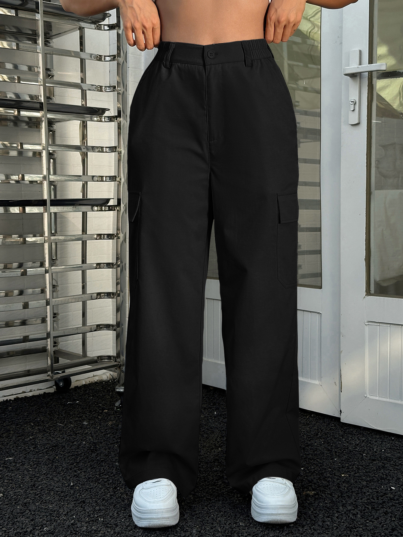 American Vintage Style Womens Cargo Pants - Stretchy Polyester Wide Leg with Side Pockets, Available in Soft Apricot & Classic Black--102